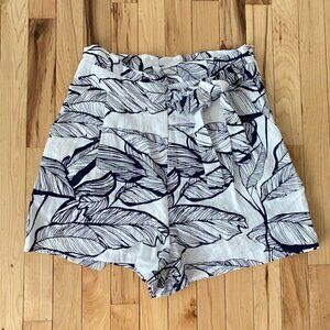 Linen Lux Shorts White Blue Leaf Print Tie 12